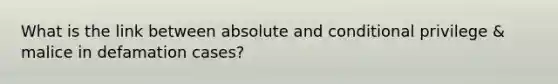 What is the link between absolute and conditional privilege & malice in defamation cases?