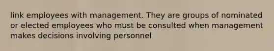 link employees with management. They are groups of nominated or elected employees who must be consulted when management makes decisions involving personnel