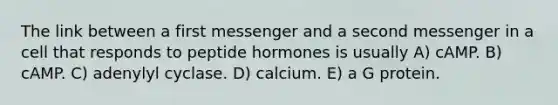 The link between a first messenger and a second messenger in a cell that responds to peptide hormones is usually A) cAMP. B) cAMP. C) adenylyl cyclase. D) calcium. E) a G protein.