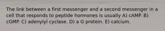 The link between a first messenger and a second messenger in a cell that responds to peptide hormones is usually A) cAMP. B) cGMP. C) adenylyl cyclase. D) a G protein. E) calcium.