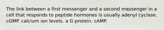 The link between a first messenger and a second messenger in a cell that responds to peptide hormones is usually adenyl cyclase. cGMP. calcium ion levels. a G protein. cAMP.