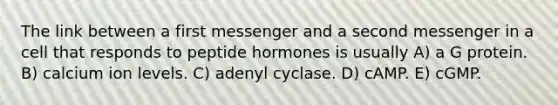 The link between a first messenger and a second messenger in a cell that responds to peptide hormones is usually A) a G protein. B) calcium ion levels. C) adenyl cyclase. D) cAMP. E) cGMP.