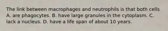 The link between macrophages and neutrophils is that both cells A. are phagocytes. B. have large granules in the cytoplasm. C. lack a nucleus. D. have a life span of about 10 years.