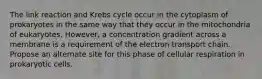 The link reaction and Krebs cycle occur in the cytoplasm of prokaryotes in the same way that they occur in the mitochondria of eukaryotes. However, a concentration gradient across a membrane is a requirement of the electron transport chain. Propose an alternate site for this phase of cellular respiration in prokaryotic cells.