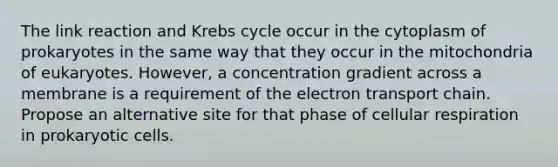 The link reaction and Krebs cycle occur in the cytoplasm of prokaryotes in the same way that they occur in the mitochondria of eukaryotes. However, a concentration gradient across a membrane is a requirement of the electron transport chain. Propose an alternative site for that phase of cellular respiration in prokaryotic cells.