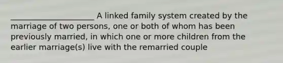 _____________________ A linked family system created by the marriage of two persons, one or both of whom has been previously married, in which one or more children from the earlier marriage(s) live with the remarried couple​