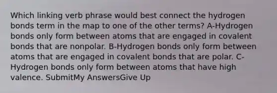 Which linking verb phrase would best connect the <a href='https://www.questionai.com/knowledge/kZ0eOQzIqC-hydrogen-bonds' class='anchor-knowledge'>hydrogen bonds</a> term in the map to one of the other terms? A-Hydrogen bonds only form between atoms that are engaged in <a href='https://www.questionai.com/knowledge/kWply8IKUM-covalent-bonds' class='anchor-knowledge'><a href='https://www.questionai.com/knowledge/kYbHGrECeq-covalent-bond' class='anchor-knowledge'>covalent bond</a>s</a> that are nonpolar. B-Hydrogen bonds only form between atoms that are engaged in covalent bonds that are polar. C-Hydrogen bonds only form between atoms that have high valence. SubmitMy AnswersGive Up