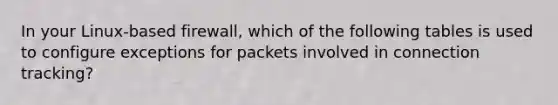 In your Linux-based firewall, which of the following tables is used to configure exceptions for packets involved in connection tracking?