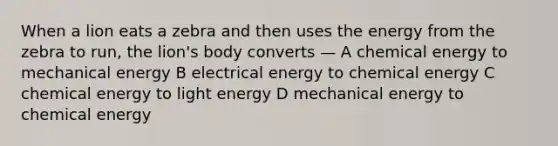 When a lion eats a zebra and then uses the energy from the zebra to run, the lion's body converts — A chemical energy to mechanical energy B electrical energy to chemical energy C chemical energy to light energy D mechanical energy to chemical energy