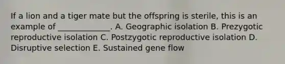 If a lion and a tiger mate but the offspring is sterile, this is an example of _____________. A. Geographic isolation B. Prezygotic reproductive isolation C. Postzygotic reproductive isolation D. Disruptive selection E. Sustained gene flow