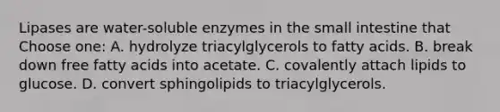 Lipases are water-soluble enzymes in the small intestine that Choose one: A. hydrolyze triacylglycerols to fatty acids. B. break down free fatty acids into acetate. C. covalently attach lipids to glucose. D. convert sphingolipids to triacylglycerols.