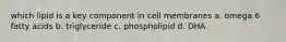 which lipid is a key component in cell membranes a. omega 6 fatty acids b. triglyceride c. phospholipid d. DHA