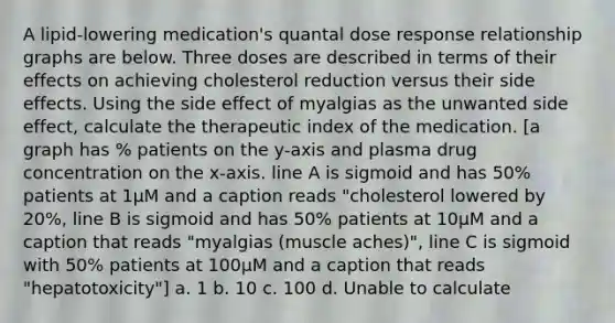 A lipid-lowering medication's quantal dose response relationship graphs are below. Three doses are described in terms of their effects on achieving cholesterol reduction versus their side effects. Using the side effect of myalgias as the unwanted side effect, calculate the therapeutic index of the medication. [a graph has % patients on the y-axis and plasma drug concentration on the x-axis. line A is sigmoid and has 50% patients at 1µM and a caption reads "cholesterol lowered by 20%, line B is sigmoid and has 50% patients at 10µM and a caption that reads "myalgias (muscle aches)", line C is sigmoid with 50% patients at 100µM and a caption that reads "hepatotoxicity"] a. 1 b. 10 c. 100 d. Unable to calculate