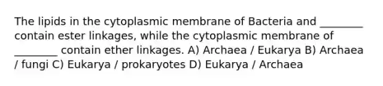 The lipids in the cytoplasmic membrane of Bacteria and ________ contain ester linkages, while the cytoplasmic membrane of ________ contain ether linkages. A) Archaea / Eukarya B) Archaea / fungi C) Eukarya / prokaryotes D) Eukarya / Archaea