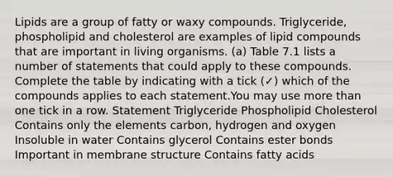 Lipids are a group of fatty or waxy compounds. Triglyceride, phospholipid and cholesterol are examples of lipid compounds that are important in living organisms. (a) Table 7.1 lists a number of statements that could apply to these compounds. Complete the table by indicating with a tick (✓) which of the compounds applies to each statement.You may use more than one tick in a row. Statement Triglyceride Phospholipid Cholesterol Contains only the elements carbon, hydrogen and oxygen Insoluble in water Contains glycerol Contains ester bonds Important in membrane structure Contains fatty acids