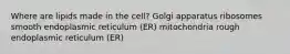 Where are lipids made in the cell? Golgi apparatus ribosomes smooth endoplasmic reticulum (ER) mitochondria rough endoplasmic reticulum (ER)