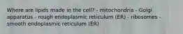 Where are lipids made in the cell? - mitochondria - Golgi apparatus - rough endoplasmic reticulum (ER) - ribosomes - smooth endoplasmic reticulum (ER)