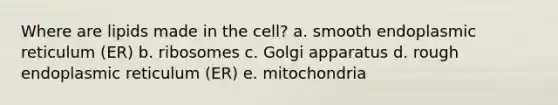 Where are lipids made in the cell? a. smooth endoplasmic reticulum (ER) b. ribosomes c. Golgi apparatus d. rough endoplasmic reticulum (ER) e. mitochondria