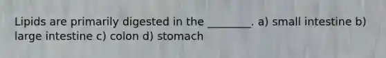 Lipids are primarily digested in the ________. a) small intestine b) large intestine c) colon d) stomach