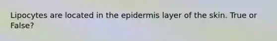 Lipocytes are located in <a href='https://www.questionai.com/knowledge/kBFgQMpq6s-the-epidermis' class='anchor-knowledge'>the epidermis</a> layer of the skin. True or False?