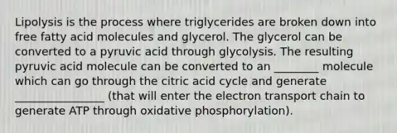 Lipolysis is the process where triglycerides are broken down into free fatty acid molecules and glycerol. The glycerol can be converted to a pyruvic acid through glycolysis. The resulting pyruvic acid molecule can be converted to an ________ molecule which can go through the citric acid cycle and generate ________________ (that will enter <a href='https://www.questionai.com/knowledge/k57oGBr0HP-the-electron-transport-chain' class='anchor-knowledge'>the electron transport chain</a> to generate ATP through <a href='https://www.questionai.com/knowledge/kFazUb9IwO-oxidative-phosphorylation' class='anchor-knowledge'>oxidative phosphorylation</a>).