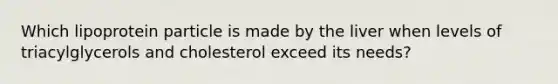 Which lipoprotein particle is made by the liver when levels of triacylglycerols and cholesterol exceed its needs?