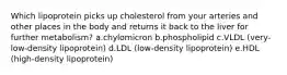 Which lipoprotein picks up cholesterol from your arteries and other places in the body and returns it back to the liver for further metabolism? a.chylomicron b.phospholipid c.VLDL (very-low-density lipoprotein) d.LDL (low-density lipoprotein) e.HDL (high-density lipoprotein)