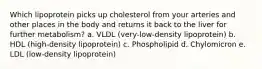 Which lipoprotein picks up cholesterol from your arteries and other places in the body and returns it back to the liver for further metabolism? a. VLDL (very-low-density lipoprotein) b. HDL (high-density lipoprotein) c. Phospholipid d. Chylomicron e. LDL (low-density lipoprotein)