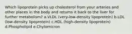 Which lipoprotein picks up cholesterol from your arteries and other places in the body and returns it back to the liver for further metabolism? a.VLDL (very-low-density lipoprotein) b.LDL (low-density lipoprotein) c.HDL (high-density lipoprotein) d.Phospholipid e.Chylomicron