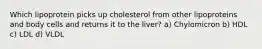 Which lipoprotein picks up cholesterol from other lipoproteins and body cells and returns it to the liver? a) Chylomicron b) HDL c) LDL d) VLDL