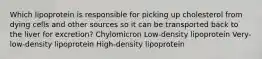 Which lipoprotein is responsible for picking up cholesterol from dying cells and other sources so it can be transported back to the liver for excretion? Chylomicron Low-density lipoprotein Very-low-density lipoprotein High-density lipoprotein