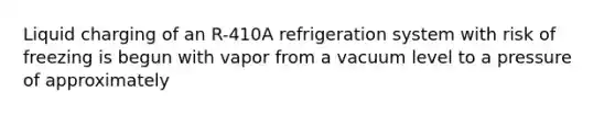 Liquid charging of an R-410A refrigeration system with risk of freezing is begun with vapor from a vacuum level to a pressure of approximately