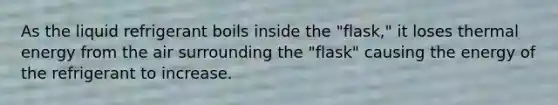 As the liquid refrigerant boils inside the "flask," it loses thermal energy from the air surrounding the "flask" causing the energy of the refrigerant to increase.