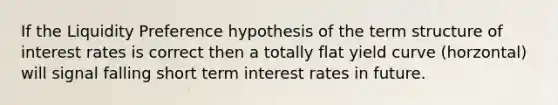 If the Liquidity Preference hypothesis of the term structure of interest rates is correct then a totally flat yield curve (horzontal) will signal falling short term interest rates in future.