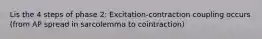 Lis the 4 steps of phase 2: Excitation-contraction coupling occurs (from AP spread in sarcolemma to cointraction)