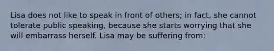 Lisa does not like to speak in front of others; in fact, she cannot tolerate public speaking, because she starts worrying that she will embarrass herself. Lisa may be suffering from: