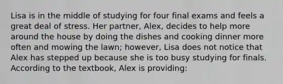 Lisa is in the middle of studying for four final exams and feels a great deal of stress. Her partner, Alex, decides to help more around the house by doing the dishes and cooking dinner more often and mowing the lawn; however, Lisa does not notice that Alex has stepped up because she is too busy studying for finals. According to the textbook, Alex is providing: