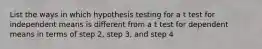 List the ways in which hypothesis testing for a t test for independent means is different from a t test for dependent means in terms of step 2, step 3, and step 4