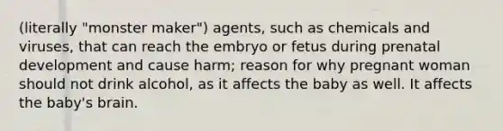 (literally "monster maker") agents, such as chemicals and viruses, that can reach the embryo or fetus during prenatal development and cause harm; reason for why pregnant woman should not drink alcohol, as it affects the baby as well. It affects the baby's brain.