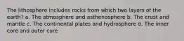 The lithosphere includes rocks from which two layers of the earth? a. The atmosphere and asthenosphere b. The crust and mantle c. The continental plates and hydrosphere d. The inner core and outer core