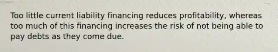 Too little current liability financing reduces profitability, whereas too much of this financing increases the risk of not being able to pay debts as they come due.