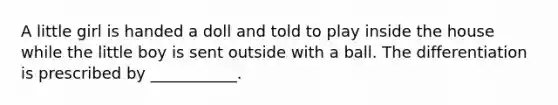 A little girl is handed a doll and told to play inside the house while the little boy is sent outside with a ball. The differentiation is prescribed by ___________.