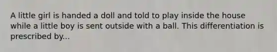 A little girl is handed a doll and told to play inside the house while a little boy is sent outside with a ball. This differentiation is prescribed by...