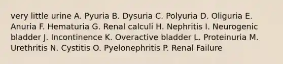 very little urine A. Pyuria B. Dysuria C. Polyuria D. Oliguria E. Anuria F. Hematuria G. Renal calculi H. Nephritis I. Neurogenic bladder J. Incontinence K. Overactive bladder L. Proteinuria M. Urethritis N. Cystitis O. Pyelonephritis P. Renal Failure