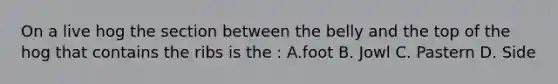 On a live hog the section between the belly and the top of the hog that contains the ribs is the : A.foot B. Jowl C. Pastern D. Side