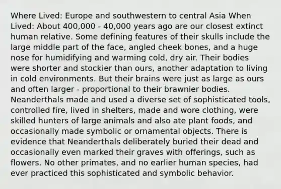 Where Lived: Europe and southwestern to central Asia When Lived: About 400,000 - 40,000 years ago are our closest extinct human relative. Some defining features of their skulls include the large middle part of the face, angled cheek bones, and a huge nose for humidifying and warming cold, dry air. Their bodies were shorter and stockier than ours, another adaptation to living in cold environments. But their brains were just as large as ours and often larger - proportional to their brawnier bodies. Neanderthals made and used a diverse set of sophisticated tools, controlled fire, lived in shelters, made and wore clothing, were skilled hunters of large animals and also ate plant foods, and occasionally made symbolic or ornamental objects. There is evidence that Neanderthals deliberately buried their dead and occasionally even marked their graves with offerings, such as flowers. No other primates, and no earlier human species, had ever practiced this sophisticated and symbolic behavior.