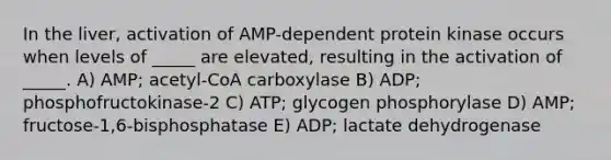 In the liver, activation of AMP-dependent protein kinase occurs when levels of _____ are elevated, resulting in the activation of _____. A) AMP; acetyl-CoA carboxylase B) ADP; phosphofructokinase-2 C) ATP; glycogen phosphorylase D) AMP; fructose-1,6-bisphosphatase E) ADP; lactate dehydrogenase