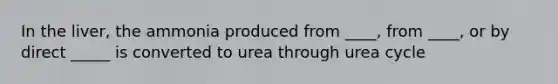 In the liver, the ammonia produced from ____, from ____, or by direct _____ is converted to urea through urea cycle