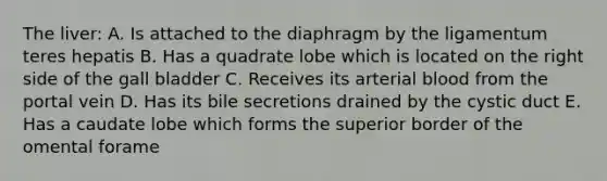 The liver: A. Is attached to the diaphragm by the ligamentum teres hepatis B. Has a quadrate lobe which is located on the right side of the gall bladder C. Receives its arterial blood from the portal vein D. Has its bile secretions drained by the cystic duct E. Has a caudate lobe which forms the superior border of the omental forame