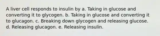 A liver cell responds to insulin by a. Taking in glucose and converting it to glycogen. b. Taking in glucose and converting it to glucagon. c. Breaking down glycogen and releasing glucose. d. Releasing glucagon. e. Releasing insulin.